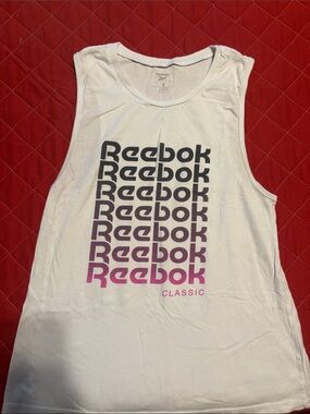 Reebok Women’s White Tank with Pink-to-Black Gradient Logo